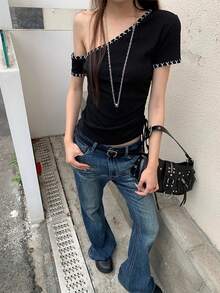 Áo dệt kim hai mặt mùa xuân mới dành cho nữ, màu đen, vai lệch, kiểu dáng thời trang, thích hợp mặc hàng ngày. - màu đen - Xem 4