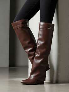 Womens New Fashionable Fold Over Boots Pointed Toe Wedge Heel Pull On Knee High Boots For Women Wide Calf With Side Zipper Padlock Design Cuffed Covered Vintage Fashion Wedding Slip On Party Shoes Work Business Casual Brown Shark Booties Easter Gift Spring Festival Summer Boots Leather Folded Booties Shoes - 棕色無扣 - 查看 8