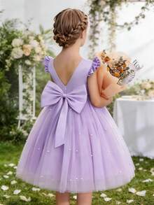 Vestido de fiesta de tul con mangas de mariposa y lazo en color morado, vestido de princesa elegante para niñas, adecuado para fiestas de cumpleaños, bodas, bailes de graduación, celebraciones festivas, niña de las flores - Púrpura malva - Ver 4