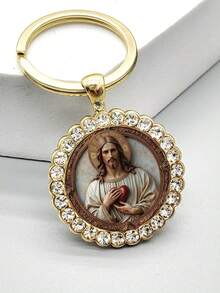 1pc Jesus Christ Pattern Round Keychain, Suitable For Men And Women, Fashion Gift For Christmas, Thanksgiving, Graduation, Birthday, Family And Friends Anniversary, Holiday - Gold - View 4