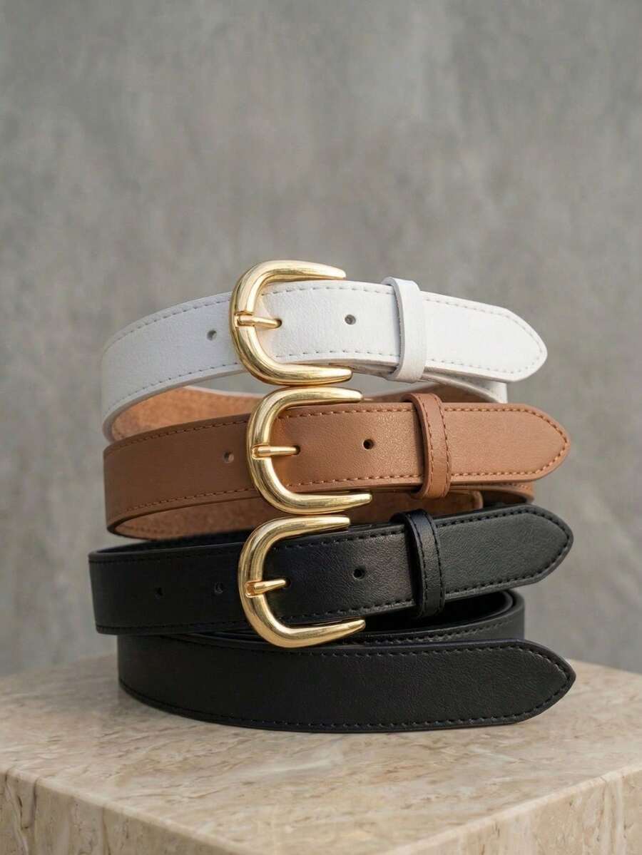 Women's Belt Set With GABI Gold Metallic Buckle In Minimalist Faux Leather - 3 Piece Kit - View 1