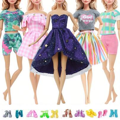 11.5英寸娃娃派对礼服，5件套时尚服装+5双鞋子，多种颜色，塑料和混合材质，无需用电，不含羽毛 - 生日和圣诞节的完美礼物