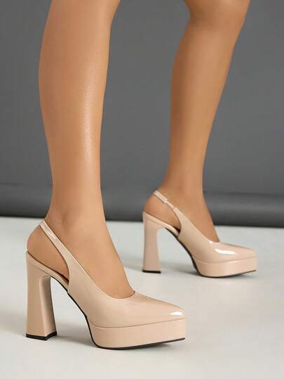 كعب عالي منصة للنساء، كعب عالي بأصبع قدم مدبب، أحذية كعب سميك مقاومة للماء عصرية، صندل مغلق الأصبع بحزام خلفي، جلد لامع أنيق، مناسب للتنقل والحفلات والمناسبات الرسمية والعمل