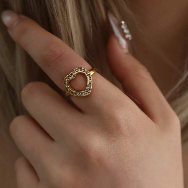 New Stainless Steel Hollow Heart Rhinestone Inlaid Retro Niche Design Open Ring - Golden 2 - View 2