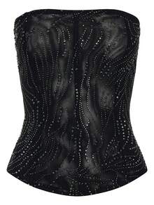 Sedessea Sexy Mesh Semi-Transparent Corset Camisole Top, Sparkling Rhinestone Decor Strapless Boned Bustier Backless Tie Strap Top - Black - View 3
