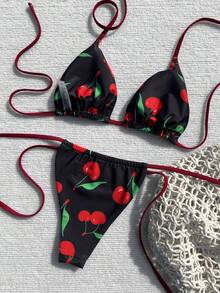 Women's Elegant Black Cherry Print Swimsuit Set, Perfect For Spring And Summer Beach Vacations, Seaside Activities And Stylish Holiday Outfits. - Multicolor - View 7