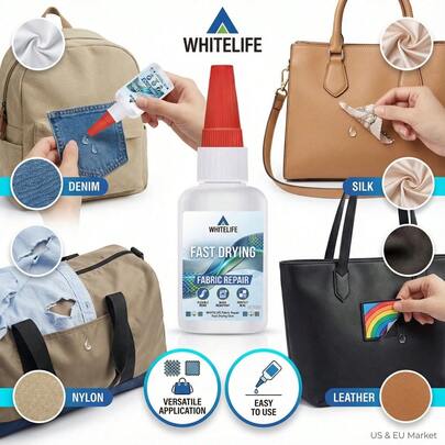 WHITELIFE Quick-Drying Fabric Repair Glue, 15-Second Curing Super Adhesive Suitable For Denim, Leather And Nylon, Washable Flexible Adhesive For Clothing, Bags And DIY Projects