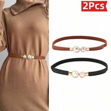 2/4Pcs Women's Thin Waist Belt Winter New Style Pearl Buckle Decor Minimalist Versatile Elastic Stretch Waist Cincher For Sweater Dress - Multicolor - View 17