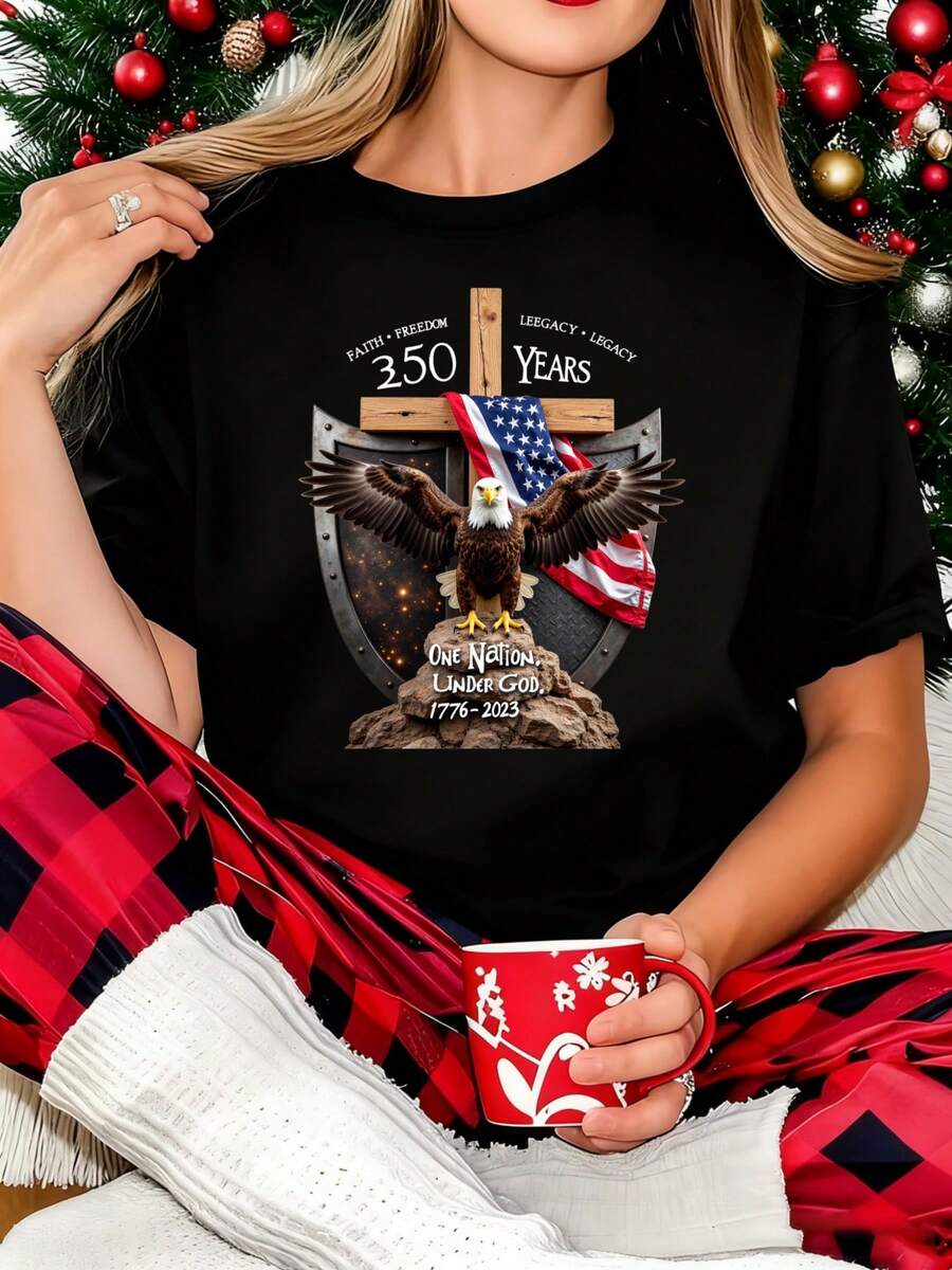 USA 250th Anniversary T-Shirt - Faith Freedom Legacy 1776 2026 Retro Design, Vintage History Shirt With 250 Years Of Independence Print, Machine Washable Suitable For - Casual Wear & Historical Events - màu đen - Xem 1