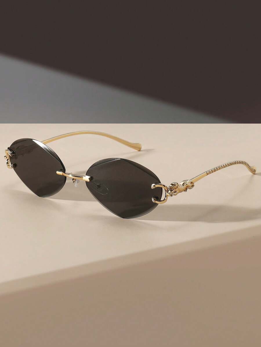 1 pieza Gafas sin marco de moda para mujer, gafas decorativas con montura ovalada, accesorio clásico y versátil para uso diario, sesiones de fotos, regalo - Negro - Ver 1