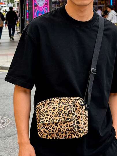 Leopard Print Nylon Lightweight Fashionable Men's Messenger Bag, Sporty Stylish Casual Crossbody Bag For Travel