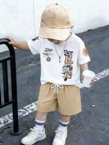 Baby Boy Cartoon Print Round Neck Short Sleeve T-Shirt And Casual Drawstring Waist Shorts Set - White - View 2