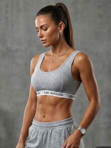 Women's Letter Print Seamless Sports Bra - Grey - View 3