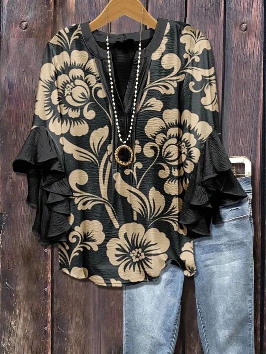 Women's Leopard & Floral Print Ruffle Sleeve Blouse - V-Neck Button- Shirt With Ruffled Hem-Like Collar, 7/8 Length Non-Stretch Top For Spring Summer Fall, Casual & Dressy Wear (Leopard & Botanical Patterns) - Hand Wash/Dry Clean - 黑色 - 查看 1