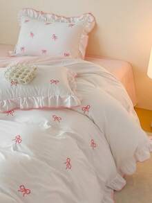 3pcs Ruffled Embroidered Bowknot Duvet Cover Set, Extra Large Size, Soft Fabric, Zipper & Tie Closure, Suitable For Girls Bedroom Decor, Breathable & Easy Care - Pink - View 18