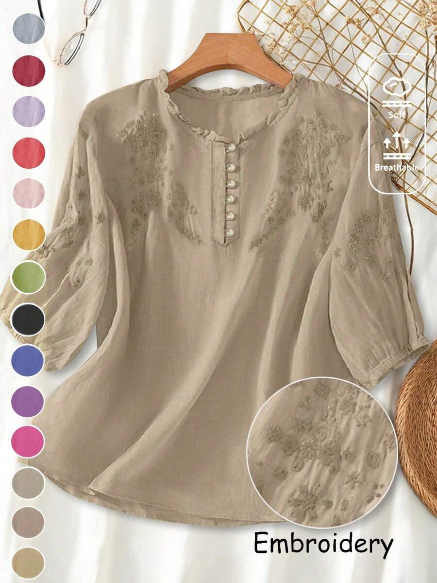 Women's Spring/Summer Viscose Embroidered Lightweight Loose Retro Casual Mid-Sleeve Blouse