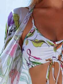 Three-Piece Floral Print Bikini Set, Boxer-Style Bottom With V-Neck And Long-Sleeved Cover-Up. - White - View 4