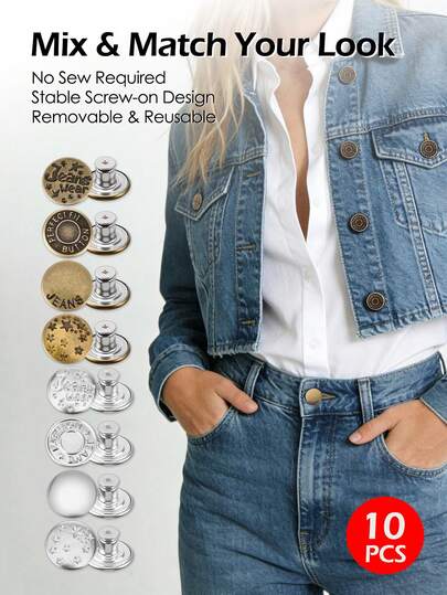 10 piezas Juego de botones ajustables para jeans, reemplazo de botones metálicos instantáneos sin coser, kit de reparación de botones removibles para pantalones sueltos, botones metálicos reutilizables para reparación y reemplazo de ropa casual, pantalones vaqueros, pantalones cortos para hombres y mujeres