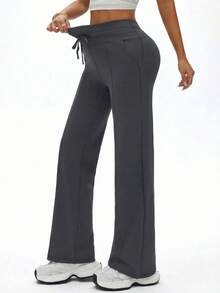 Women's High Waist Wide Leg Casual Pants (With Side Pockets) - Daily Casual Style Sports - Dark Grey - View 4