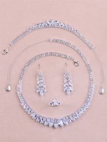 CORUIXI 1套銀色眼形白色立方氧化鋯珠寶套裝，包括項鍊、耳環、手鏈和戒指。適合派對、宴會、婚禮、生日和女士禮物。 - 銀色 - 查看 4