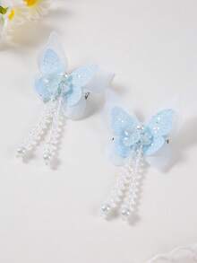 2pcs/Set Girls/Teens Light Blue Sequin Double-Layer Faux Butterfly Hair Clips, Cute Pearl Flower Side Bangs Hairpins, Everyday Use - Baby Blue - View 4