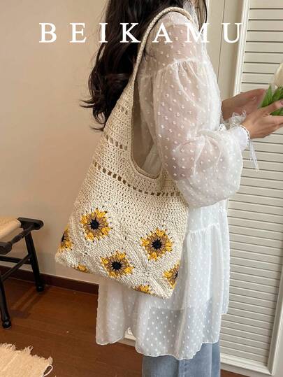 新款钩编手提包，镂空大容量单肩包，夏季海滩度假乡村风女式手提包