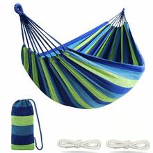Heavy Duty Woven Rope Hammock, Sturdy Anti-Tipping Design, Suitable For Adults And Children Outdoor Leisure Use, Beautiful Blue-Green Striped, Soft Texture, Perfect For Backyard Napping, Vacation Atmosphere, Outdoor Furniture, Holiday Essential, Gardening, Sensory, Camping Gear - Multicolor - View 3