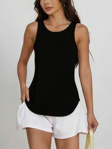 Áo tank top nữ không tay, màu trơn, dáng rộng, chất liệu vải thoáng khí, thích hợp cho tập gym, chạy bộ, hoạt động ngoài trời mùa xuân/hè, thiết kế cổ tròn đơn giản, phong cách thể thao. - màu đen - Xem 3