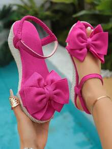 Sandal đế xuồng dệt dày, quai sau chun, mũi tròn, có nơ dành cho tuổi teen, phong cách nghỉ mát ngọt ngào, đi làm hàng ngày, đi biển, đi học, đi chơi với bạn bè, sandal đế xuồng dệt màu đen mũi tròn có nơ, sandal đế xuồng dệt màu đỏ hồng mũi tròn có nơ. - Màu Hồng Tươi - Xem 8