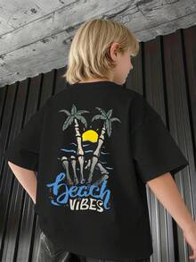 男童休闲沙滩主题图案T恤，设计时尚，适合儿童夏季穿着，青少年衬衫 - 黑色 - 查看 5