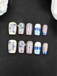 10 miếng dán móng tay thủ công, hình thang ngắn màu xanh dương, kiểu dáng Pháp thơm mát, decal móng tay, móng tay năm mới, móng tay ngày Valentine, móng tay gel UV, móng tay mùa hè, nghệ thuật móng tay có thể đeo, thiết kế thanh lịch, kiểu Pháp cao cấp, sơn gel, kim tuyến, hiệu ứng mắt mèo, ánh kim loại, móng giả che phủ toàn bộ. - Màu xanh lam - Xem 6