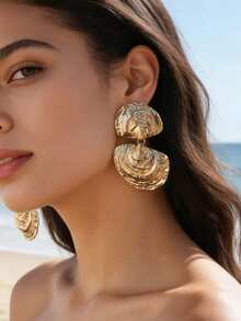 ZA Women's Metal Shell Statement Earrings | Gold Tone Punk Bohemian Pearl Drop Easter & Mother's Day Gift Beach Party Jewelry - Shell B - View 3