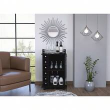 Carrito de Bar Vegas, Mueble de Dos Niveles con Puerta de Vidrio, Seis Compartimentos para Licores en el Interior - Negro + Tablero de partículas + Melamina - Ver 4