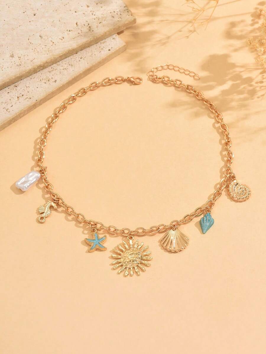 1pc Gold Sun Pendant Necklace With Faux Pearl, Enamel Starfish & Seashell Charms, Suitable For Teens, Daily Wear And Beach Vacation - Multicolor - View 1