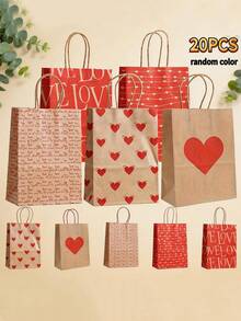 20个装情人节心形牛皮纸袋，带结实手柄，可用作派对礼品袋、零售购物袋、生日、周年纪念、花园派对、节日装饰、活动庆典及派对用品等主题装饰袋。 - 彩色 - 查看 2