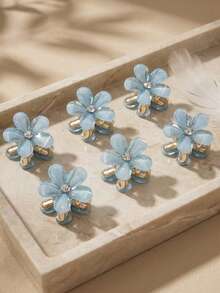 6pcs Girls' Blue Crystal Mini Camellia Flower Hair Clips, Suitable For Bangs, Daily Wear - Multicolor - View 5