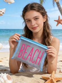 Túi đi biển lưới chống thấm nước thời trang, túi đựng mỹ phẩm in chữ "Beach", chủ đề biển. Túi đựng mỹ phẩm trong suốt dung tích lớn, túi đựng đồ vệ sinh cá nhân bằng nylon có khóa kéo, nhẹ, có thể đựng kem chống nắng, đồ ăn nhẹ, bikini và các vật dụng cần thiết khi đi biển. - Nhiều màu - Xem 3