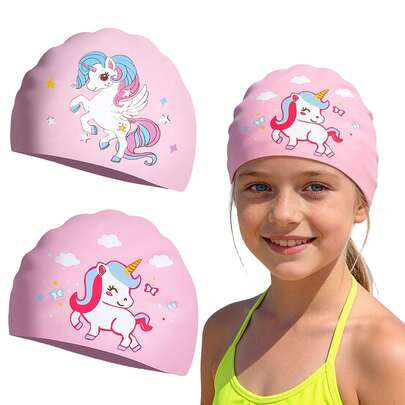 1 chiếc mũ bơi cho bé gái, hình kỳ lân, bằng silicon, chống thấm nước, phù hợp cho cả tóc dài và tóc ngắn.