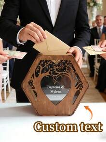 Caixa de madeira personalizada para cartões de casamento (1 unidade), caixa hexagonal personalizada com recorte de árvore e coração, porta-cartões rústico de madeira com nomes e data do casal, caixa para guardar dinheiro e cartões de casamento, caixa de lembranças personalizada para casamento, festa de noivado, chá de panela, presente ideal para noiva, noivo e casal, itens de casamento, presentes personalizados. - Multicolorido - Ver 2
