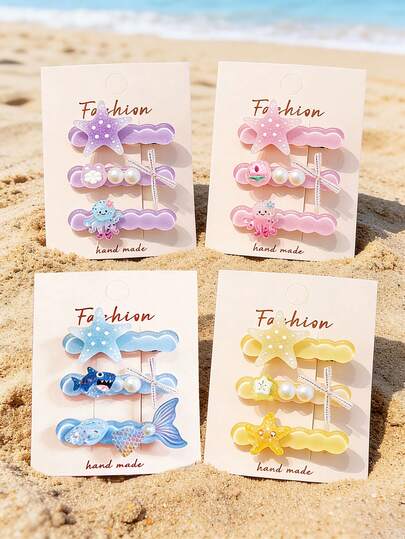 12pcs Handmade Girls Summer Ocean Hair Clips, Macaron Glitter Starfish And Octopus Hair Accessories, Seaside Theme Cartoon Hair Clips, Suitable For Beach Vacation And Daily Wear
