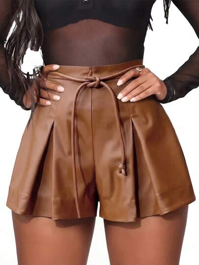 Elegant Versatile Daily Lace-Up Ruffle Hem PU Leather Shorts, Women's Spring/Summer New Arrival, Ladies Shorts, Women's Summer Clothing