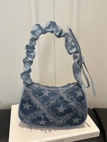 1件蓝色尼龙牛仔布面料，顺滑拉链，五角星印花，抽绳肩带，时尚百搭，休闲简约，春季新款独特单肩包，适合女性日常使用 - 藍色 - 查看 9