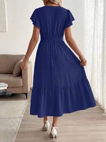 A Summer Bohemian Floor-Length, Short-Sleeved, V-Neck, Flowing Wedding Dress For Guests - Màu xanh lam - Xem 4