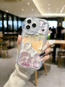 Cream Textured Wavy Edged Glossy Floral & Moon Painted Anti-Drop Phone Case Compatible With IPhone/ Galaxy/ - Multicolor - View 1
