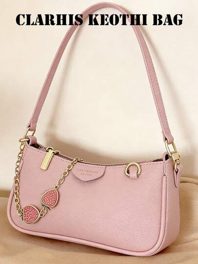 新款时尚经典小丑纯色PU防水面料单肩法棍包，草莓金属链装饰腋下包，优雅手提包，商务通勤包，适合旅行、购物、聚会、节日派对。