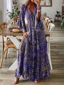 Bohemian-Style Women's Maxi Dress - Floral Print, V-Neck, High-Waist, Flared Sleeves (Vacation Style) - 紫色 - 查看 1