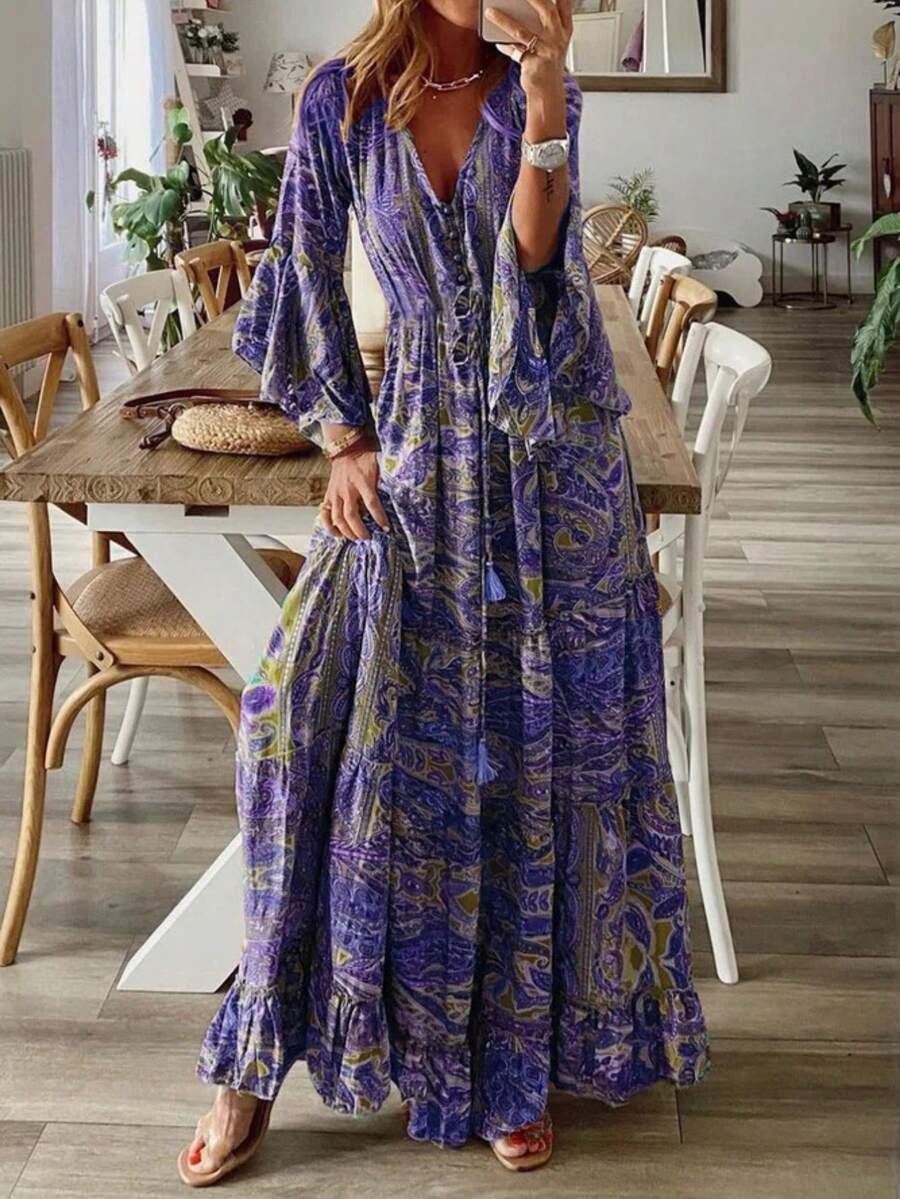 Bohemian-Style Women's Maxi Dress - Floral Print, V-Neck, High-Waist, Flared Sleeves (Vacation Style) - 紫色 - 查看 1