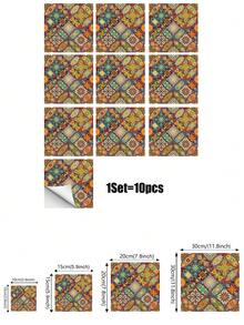10片/套 墨西哥瓷砖贴纸，自粘可移除波西米亚风花卉几何图案瓷砖贴花，适用于浴室、厨房、洗衣房、楼梯、出租房装饰、卧室 - 幻彩萬花筒款 - 查看 11