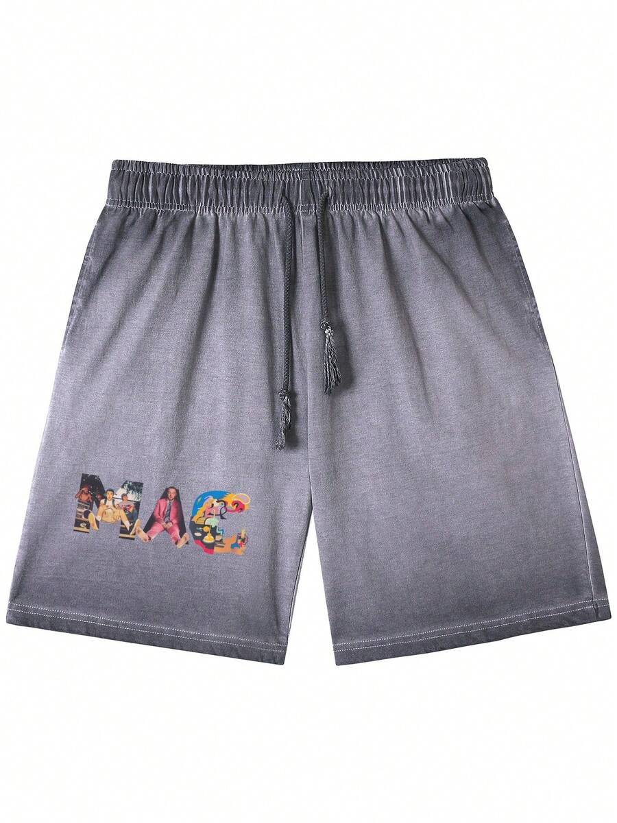 Men's Casual Drawstring Sports Shorts With Gradient Print For Summer Beach Fashions - 深灰色褲子 - 查看 1