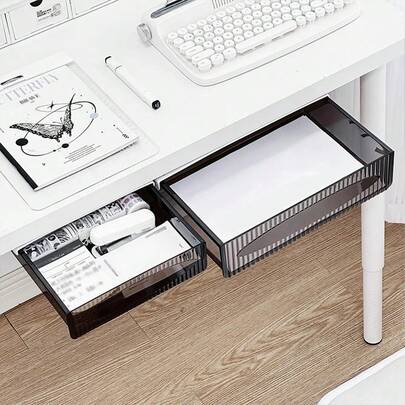 1pc Under Desk Slide-Out Storage Drawers. Compact, Invisible Design For Home, School & Office Supplies - Durable Plastic Storage Solution, Stationery Organizer, Desk Accessory, No Drilling, Easy To Install, Back To School Supplies